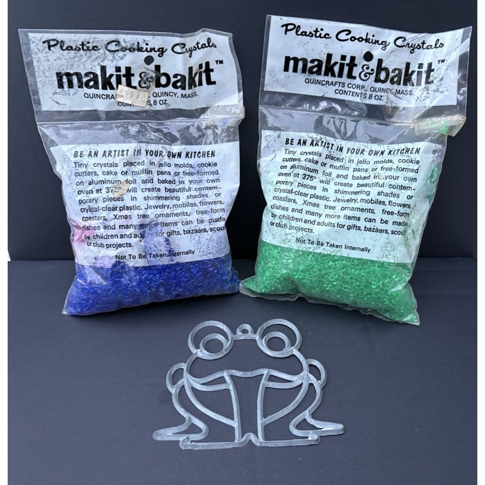 Vintage craft Make It Bake It plastic crystals green blue + frog suncatcher 1970